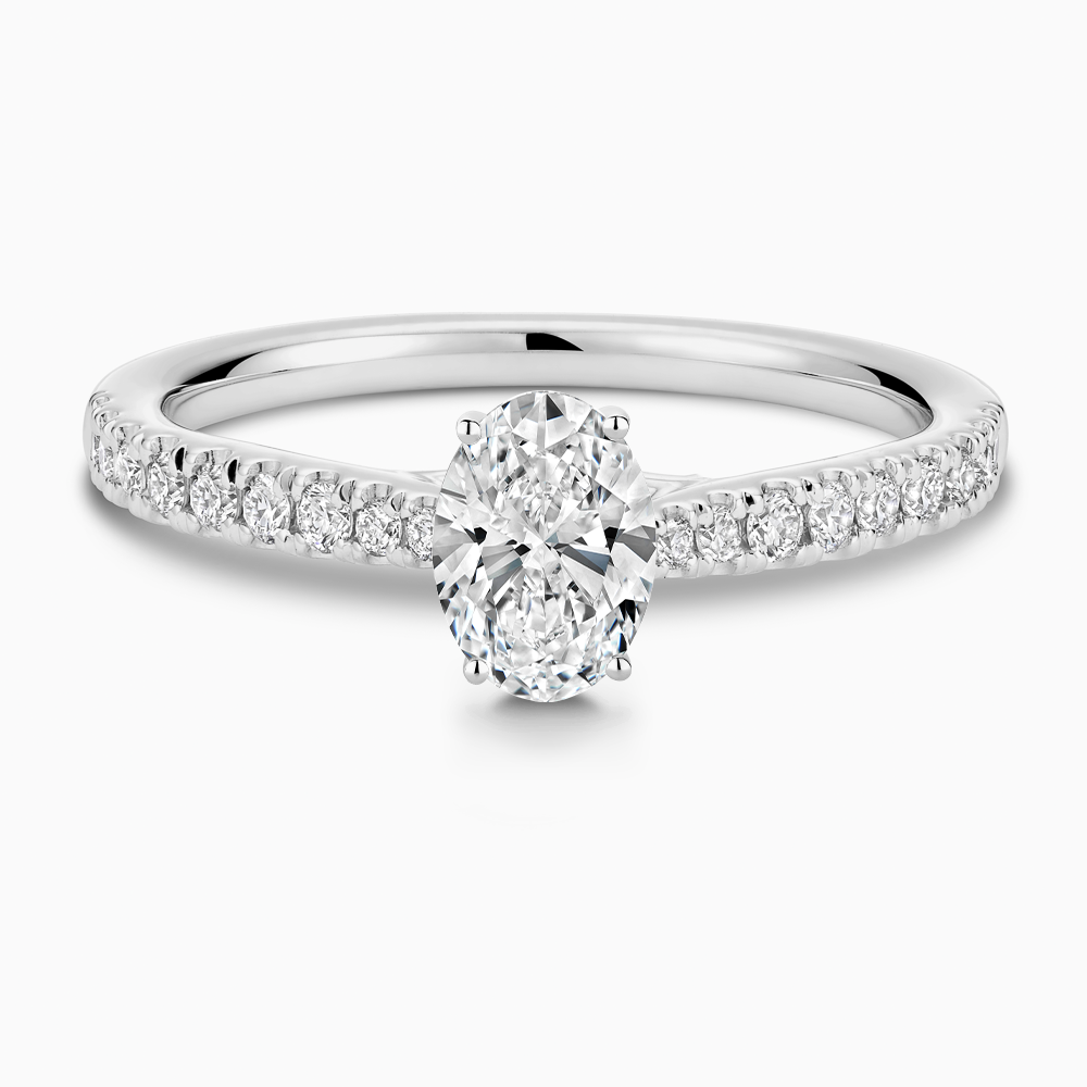 The Ecksand Thick Diamond Engagement Ring with Secret Heart and Diamond Band shown with Oval in 18k White Gold