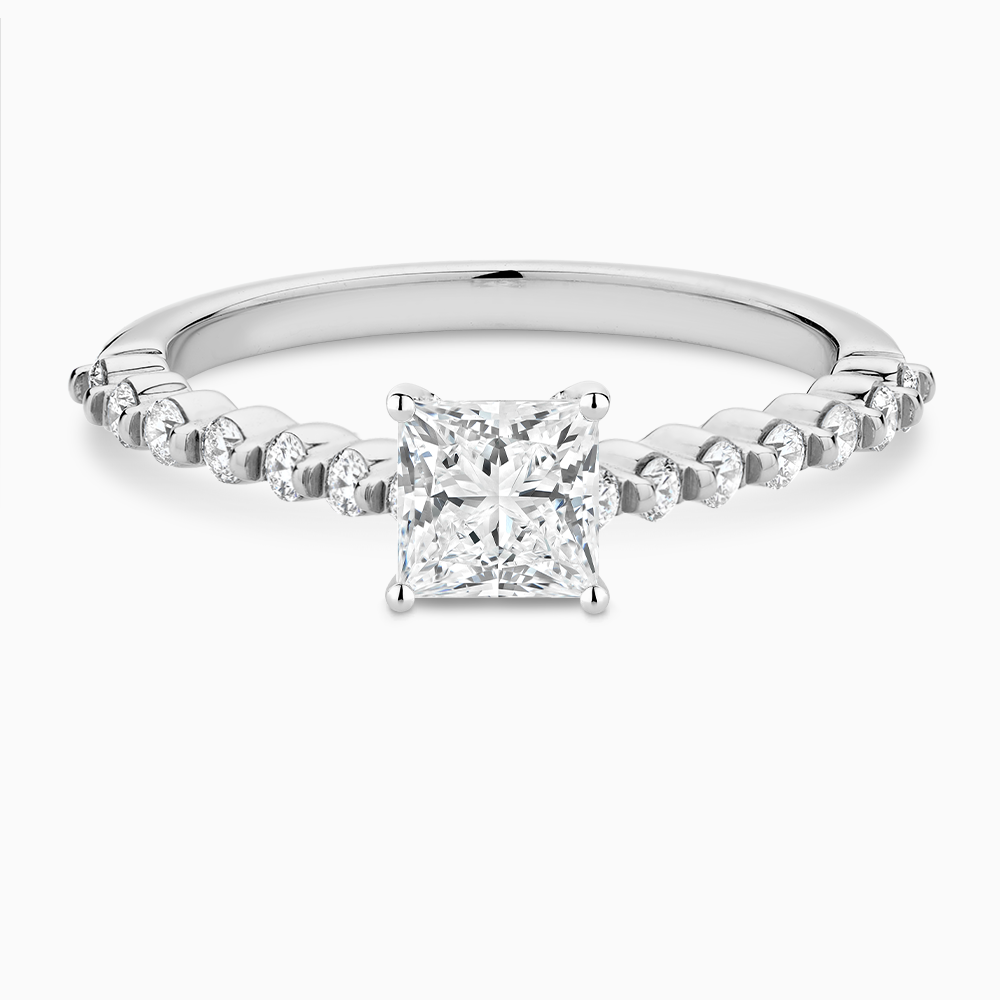 The Ecksand Diamond Engagement Ring with Shared Prongs Diamond Pavé shown with Princess in Platinum