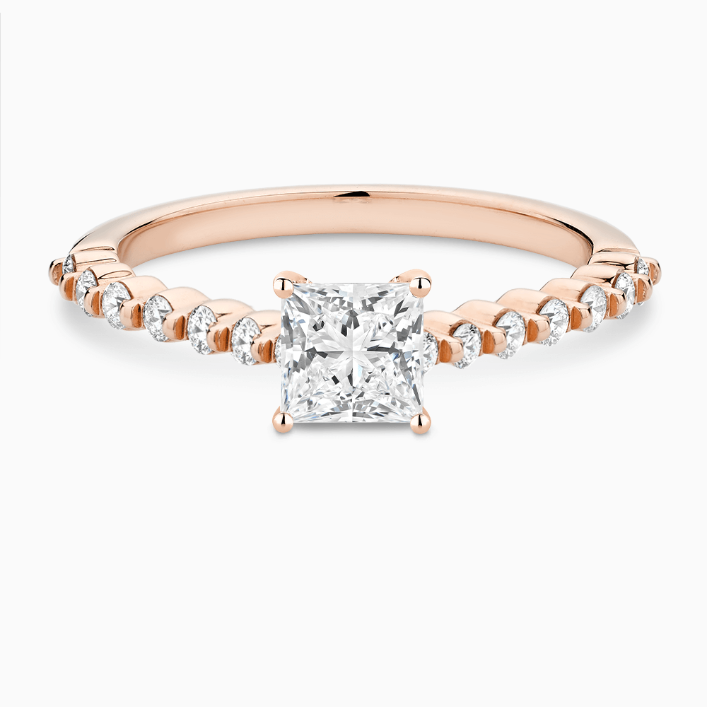 The Ecksand Diamond Engagement Ring with Shared Prongs Diamond Pavé shown with Princess in 14k Rose Gold