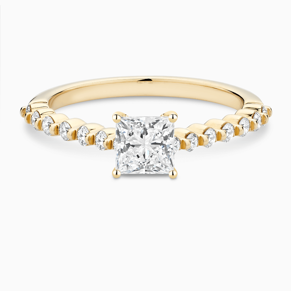 The Ecksand Diamond Engagement Ring with Shared Prongs Diamond Pavé shown with Princess in 18k Yellow Gold