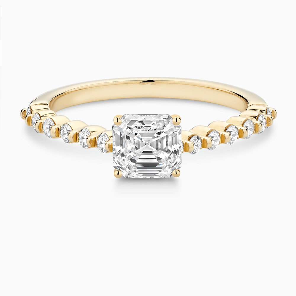 The Ecksand Diamond Engagement Ring with Shared Prongs Diamond Pavé shown with Asscher in 18k Yellow Gold