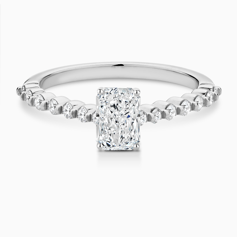 The Ecksand Diamond Engagement Ring with Shared Prongs Diamond Pavé shown with Radiant in Platinum