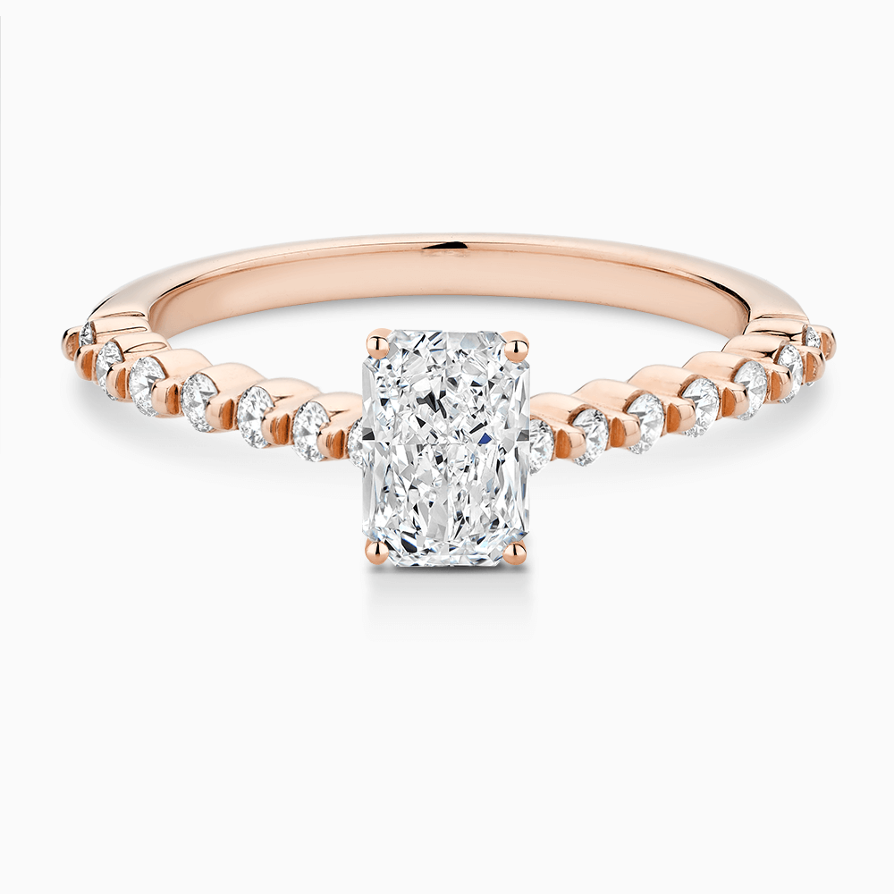 The Ecksand Diamond Engagement Ring with Shared Prongs Diamond Pavé shown with Radiant in 14k Rose Gold