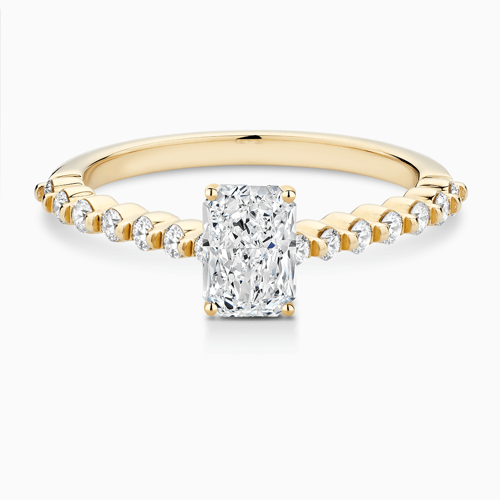 The Ecksand Diamond Engagement Ring with Shared Prongs Diamond Pavé shown with Radiant in 18k Yellow Gold