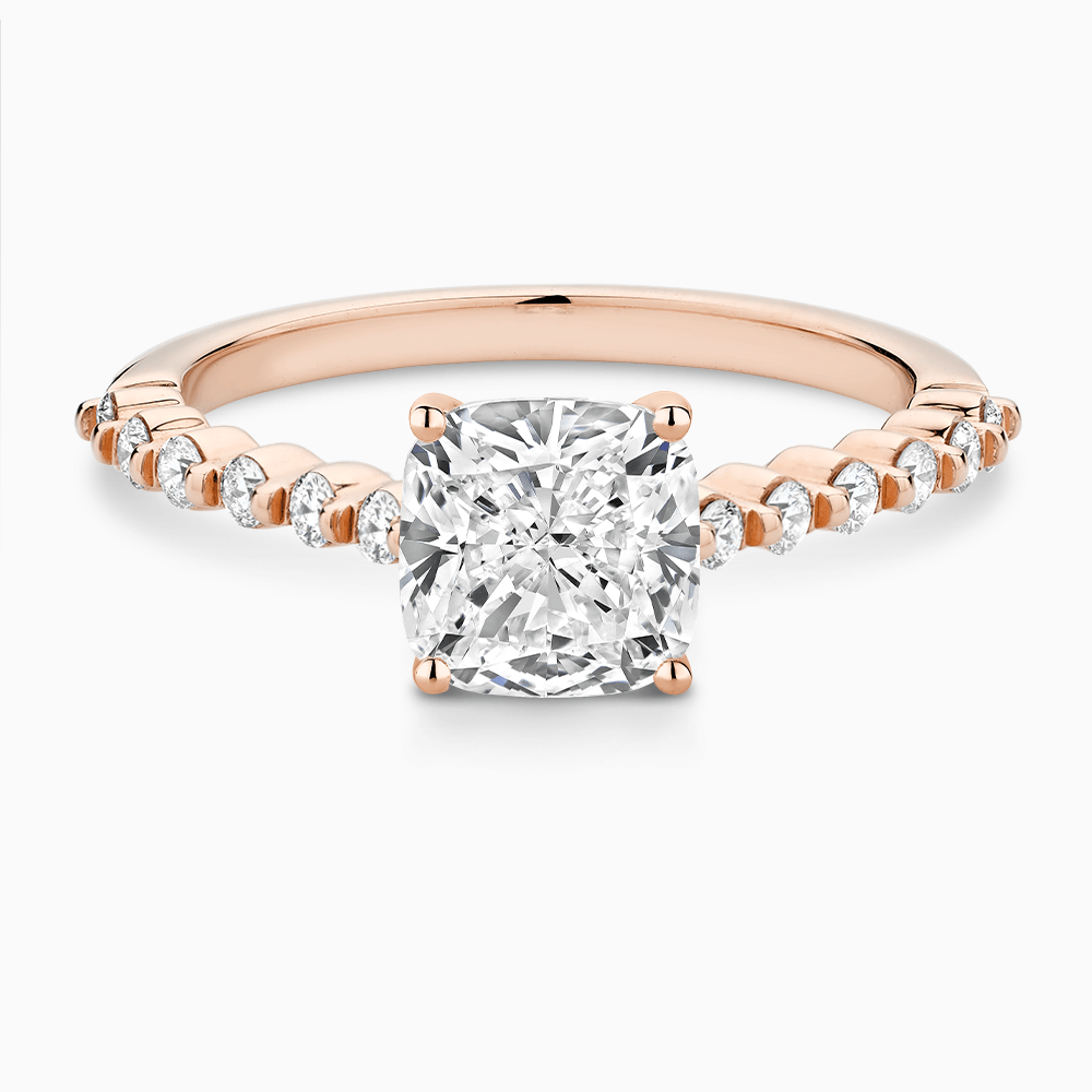 The Ecksand Diamond Engagement Ring with Shared Prongs Diamond Pavé shown with Cushion in 14k Rose Gold