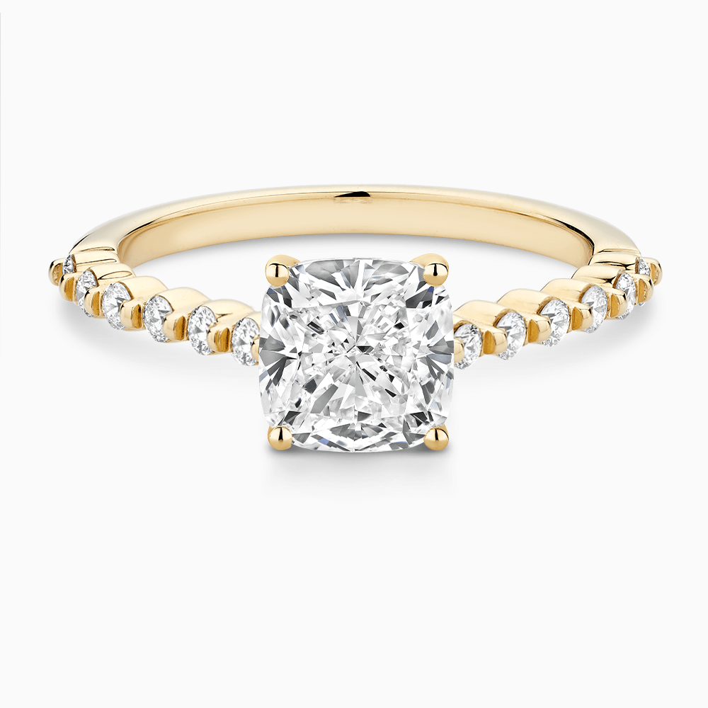 The Ecksand Diamond Engagement Ring with Shared Prongs Diamond Pavé shown with Cushion in 18k Yellow Gold