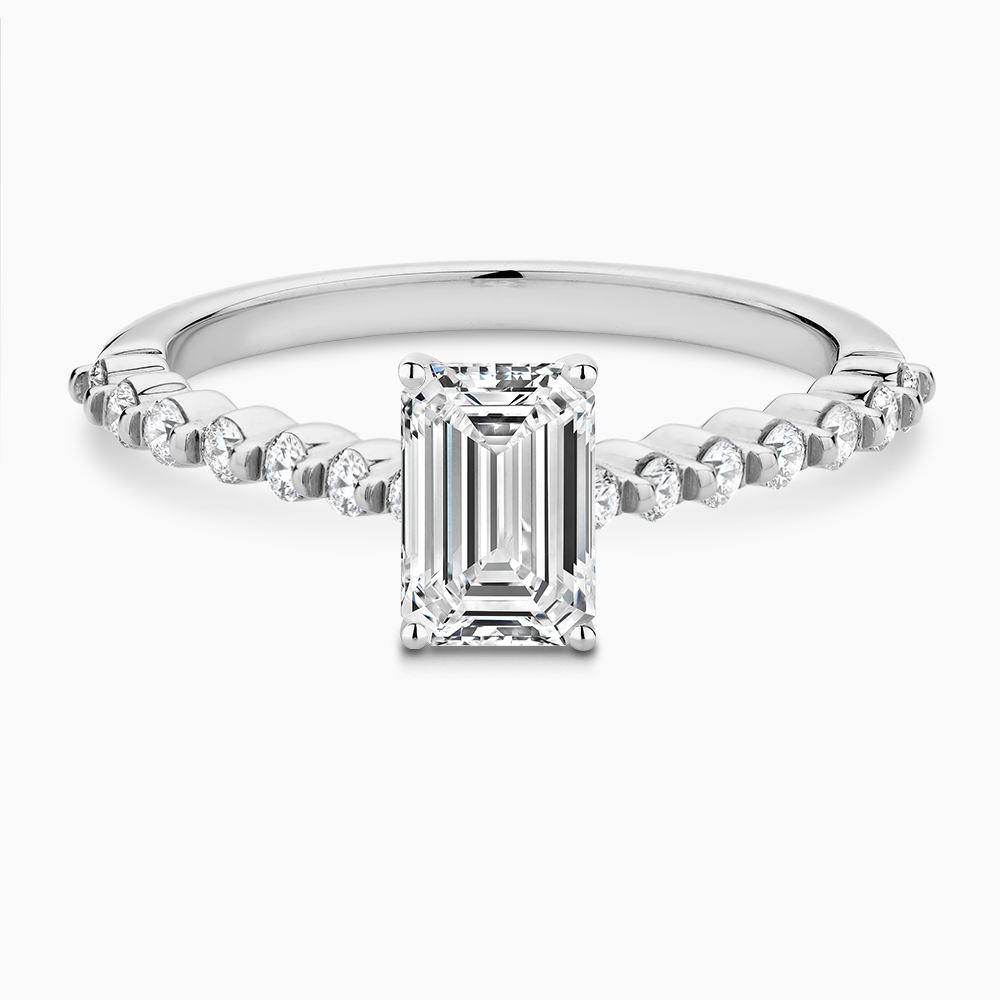 The Ecksand Diamond Engagement Ring with Shared Prongs Diamond Pavé shown with Emerald in 18k White Gold