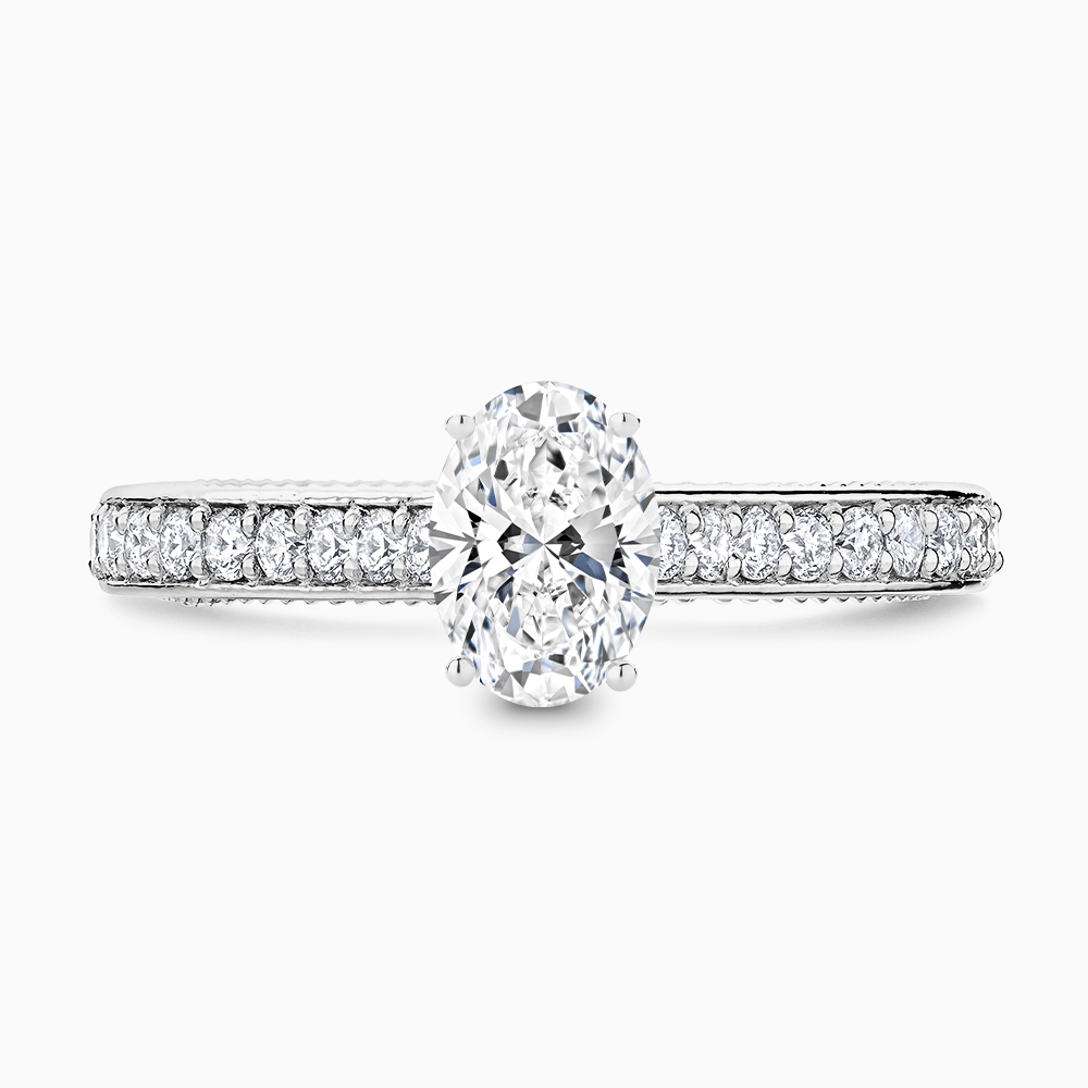 The Ecksand Double-Band Solitaire Diamond Engagement Ring with Vintage Detailing shown with Oval in Platinum