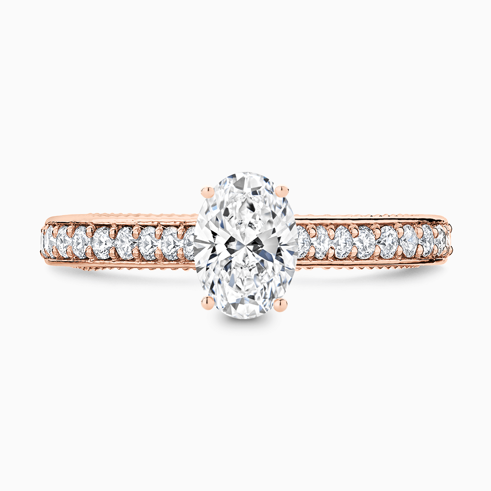 The Ecksand Double-Band Solitaire Diamond Engagement Ring with Vintage Detailing shown with Oval in 14k Rose Gold