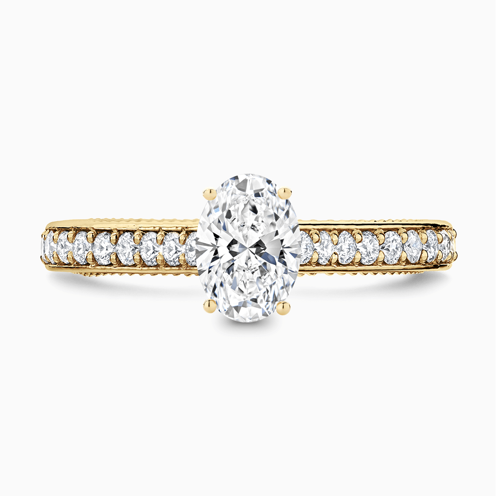 The Ecksand Double-Band Solitaire Diamond Engagement Ring with Vintage Detailing shown with Oval in 18k Yellow Gold