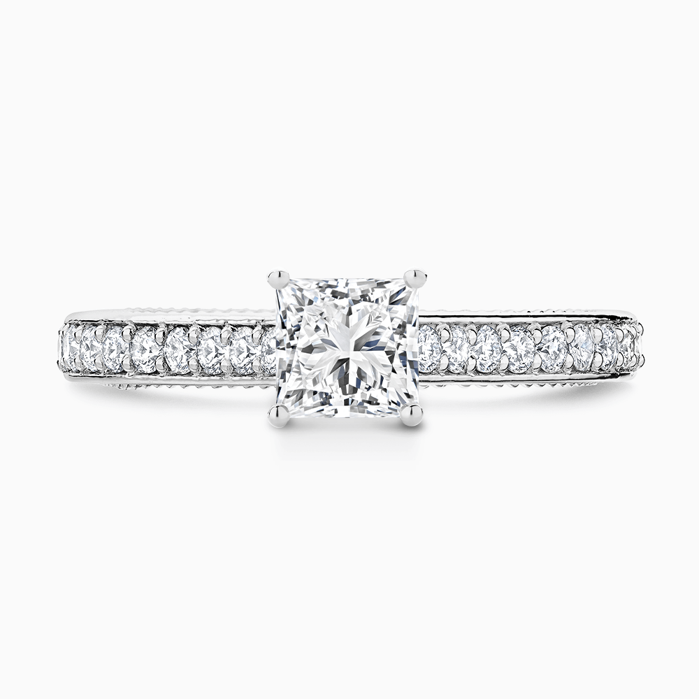The Ecksand Double-Band Solitaire Diamond Engagement Ring with Vintage Detailing shown with Princess in Platinum