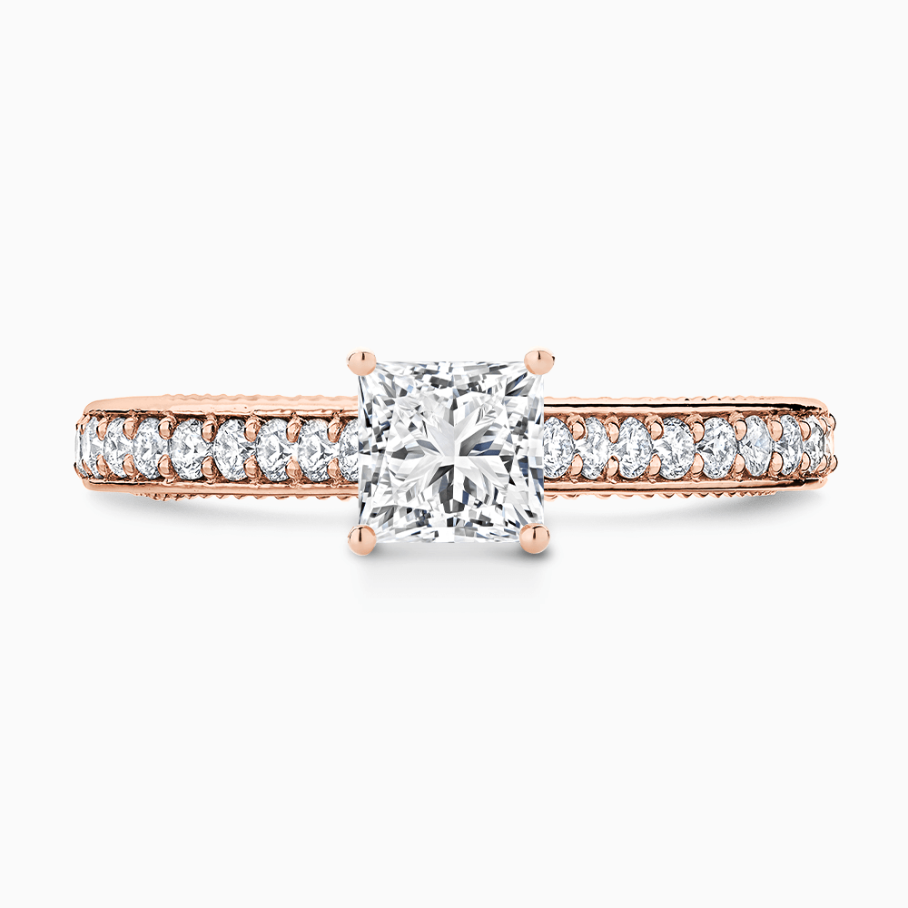 The Ecksand Double-Band Solitaire Diamond Engagement Ring with Vintage Detailing shown with Princess in 14k Rose Gold