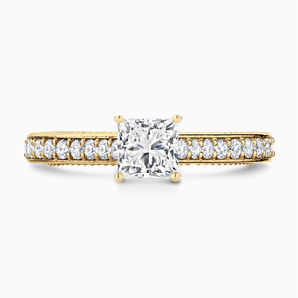 The Ecksand Double-Band Solitaire Diamond Engagement Ring with Vintage Detailing shown with Princess in 18k Yellow Gold