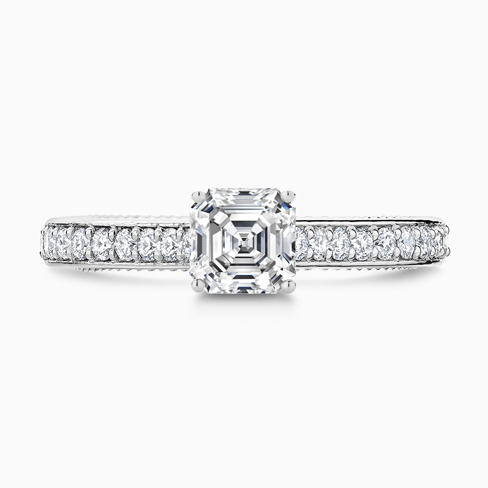 The Ecksand Double-Band Solitaire Diamond Engagement Ring with Vintage Detailing shown with Asscher in Platinum