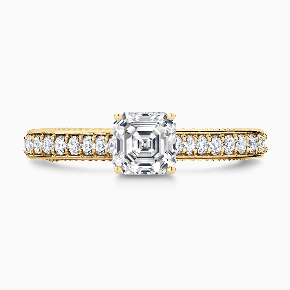 The Ecksand Double-Band Solitaire Diamond Engagement Ring with Vintage Detailing shown with Asscher in 18k Yellow Gold