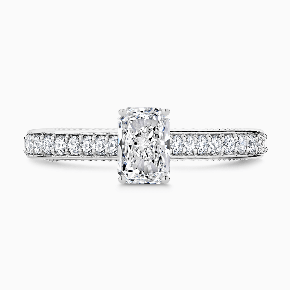 The Ecksand Double-Band Solitaire Diamond Engagement Ring with Vintage Detailing shown with Radiant in Platinum