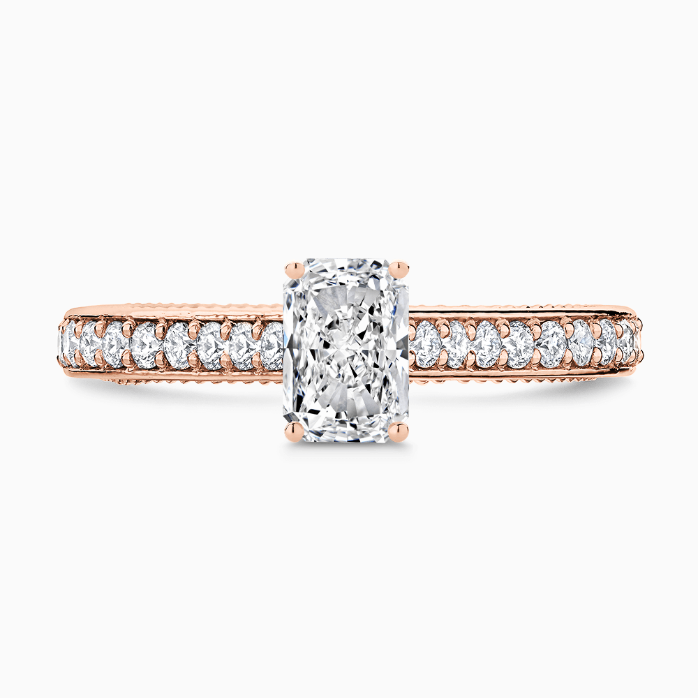 The Ecksand Double-Band Solitaire Diamond Engagement Ring with Vintage Detailing shown with Radiant in 14k Rose Gold