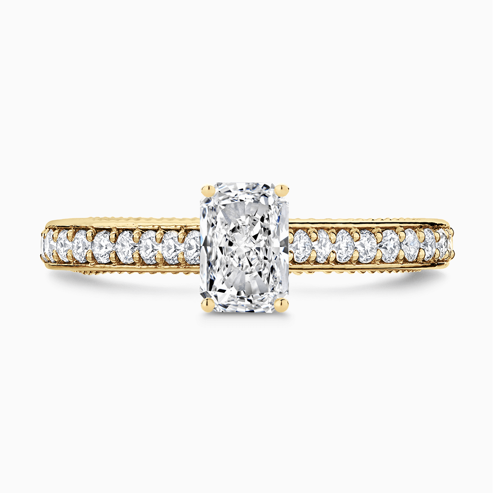 The Ecksand Double-Band Solitaire Diamond Engagement Ring with Vintage Detailing shown with Radiant in 18k Yellow Gold