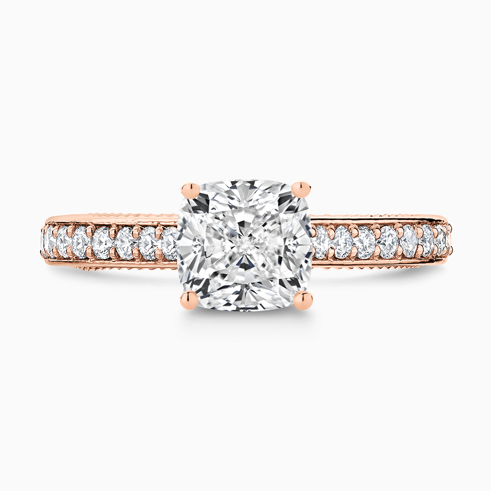The Ecksand Double-Band Solitaire Diamond Engagement Ring with Vintage Detailing shown with Cushion in 14k Rose Gold
