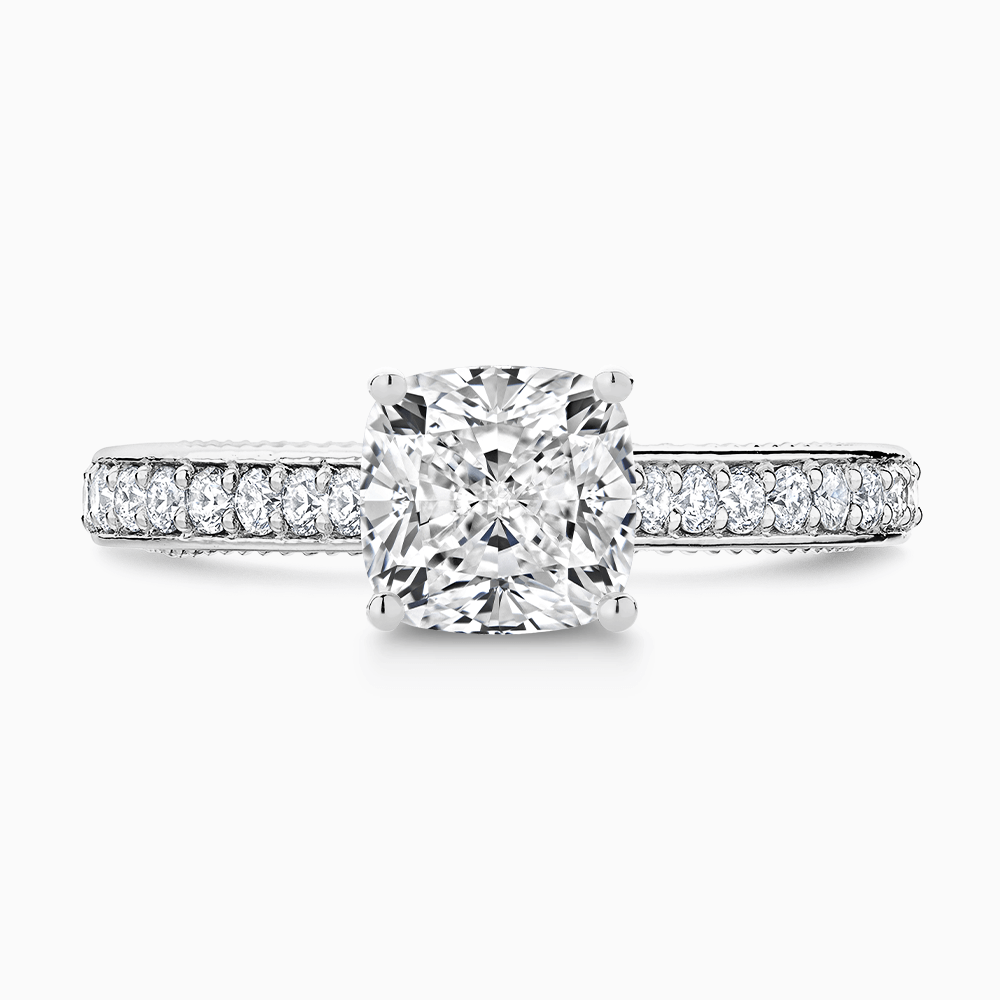 The Ecksand Double-Band Solitaire Diamond Engagement Ring with Vintage Detailing shown with Cushion in 18k White Gold