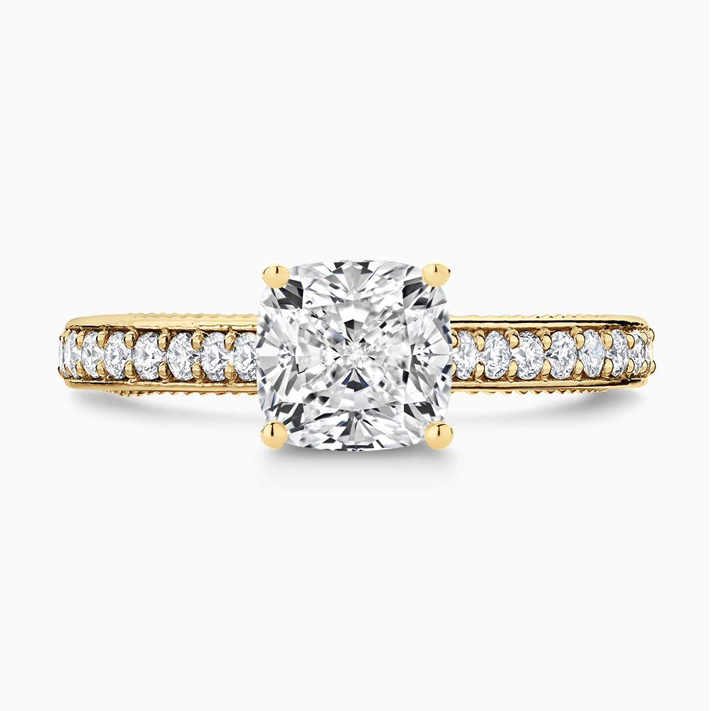 The Ecksand Double-Band Solitaire Diamond Engagement Ring with Vintage Detailing shown with Cushion in 18k Yellow Gold