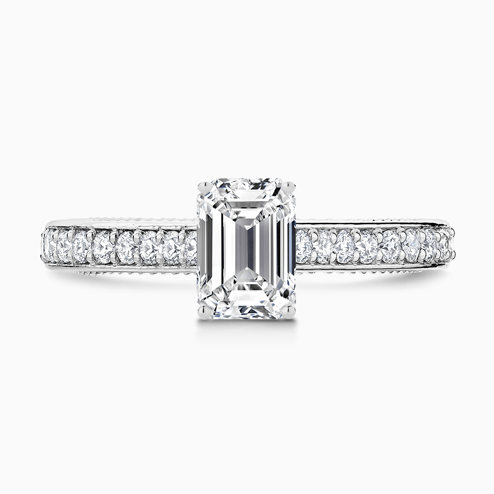 The Ecksand Double-Band Solitaire Diamond Engagement Ring with Vintage Detailing shown with Emerald in Platinum