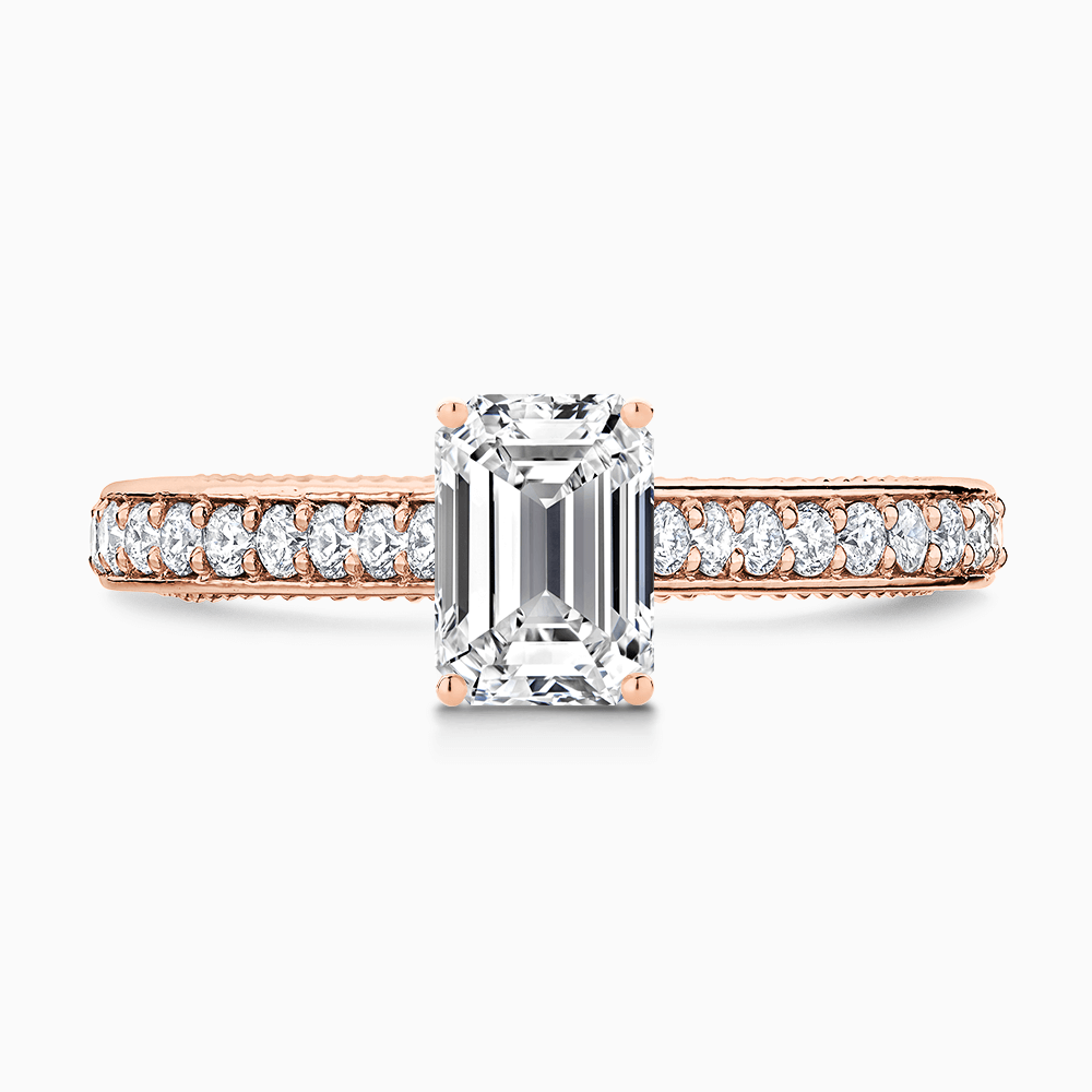 The Ecksand Double-Band Solitaire Diamond Engagement Ring with Vintage Detailing shown with Emerald in 14k Rose Gold