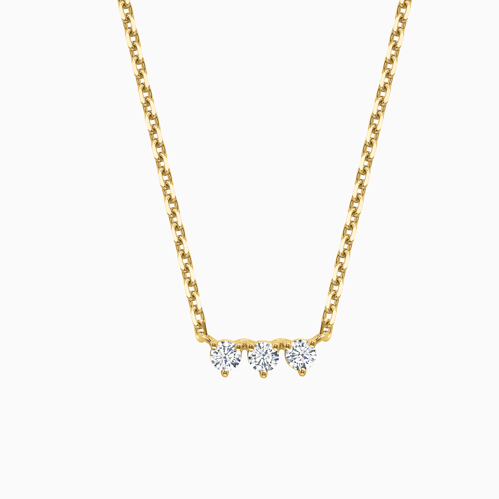 The Ecksand Three-Diamond Bar Necklace shown with Lab-grown VS2+/F+ in 14k Yellow Gold