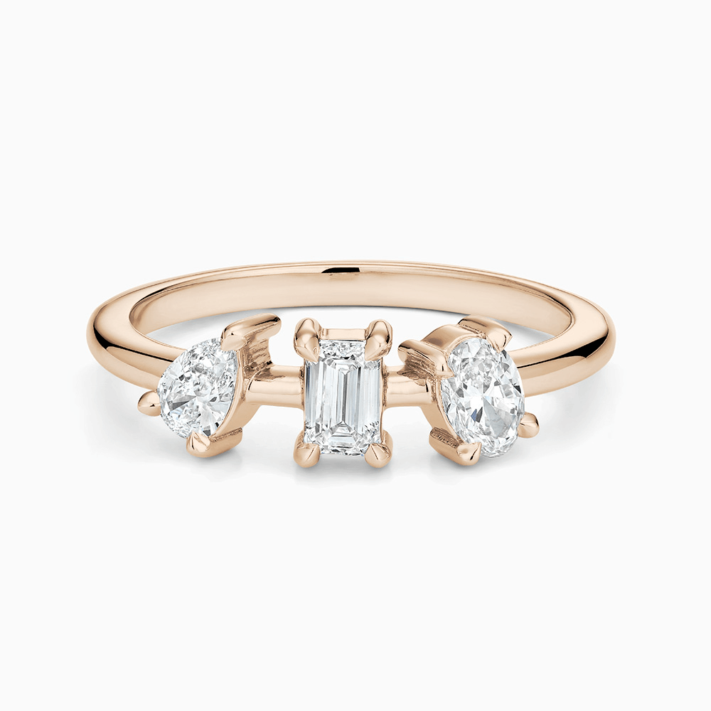 The Ecksand Three-Stone Diamond Ring shown with Lab-grown VS2+/ F+ in 14k Rose Gold