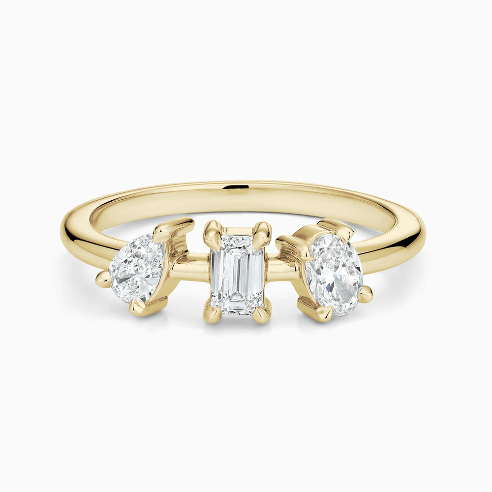 The Ecksand Three-Stone Diamond Ring shown with Lab-grown VS2+/ F+ in 14k Yellow Gold