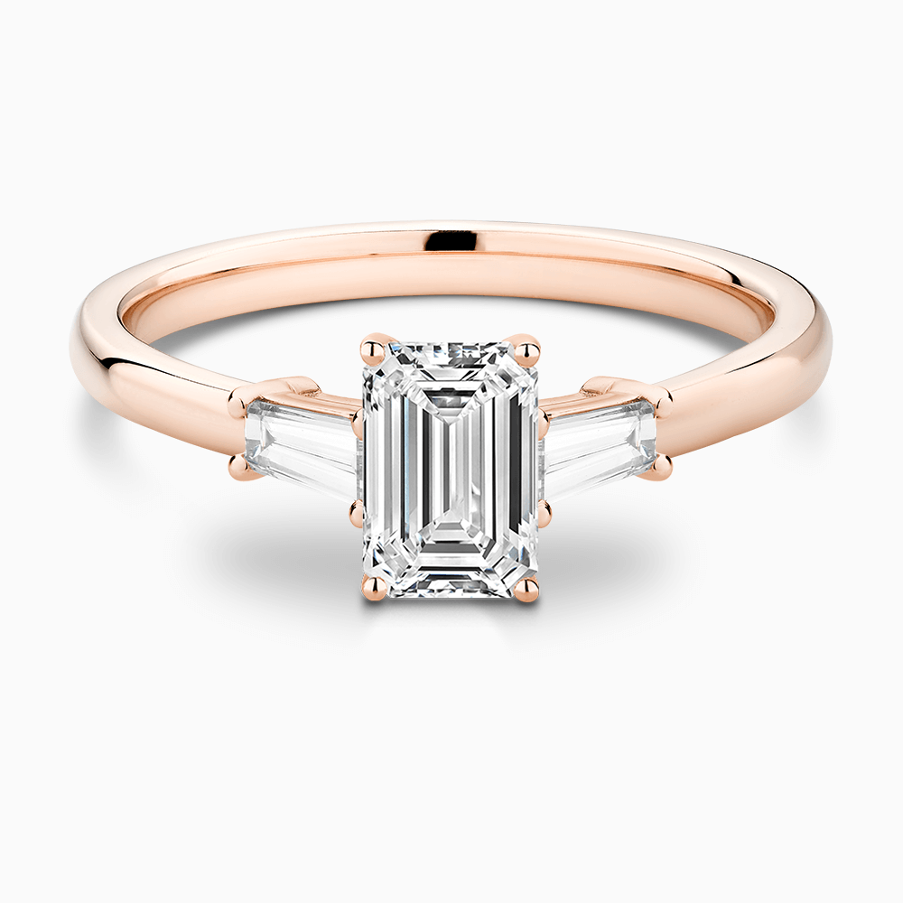 The Ecksand Iconic Vintage Three-Stone Engagement Ring shown with Emerald in 14k Rose Gold