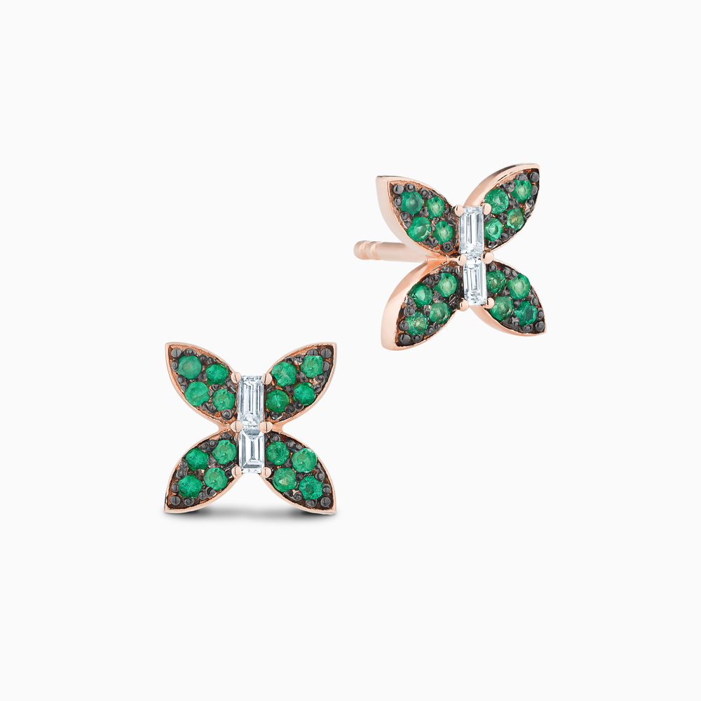 The Ecksand Petite Butterfly Earrings with Accent Emeralds and Diamonds shown with Natural VS2+/ F+ in 14k Rose Gold
