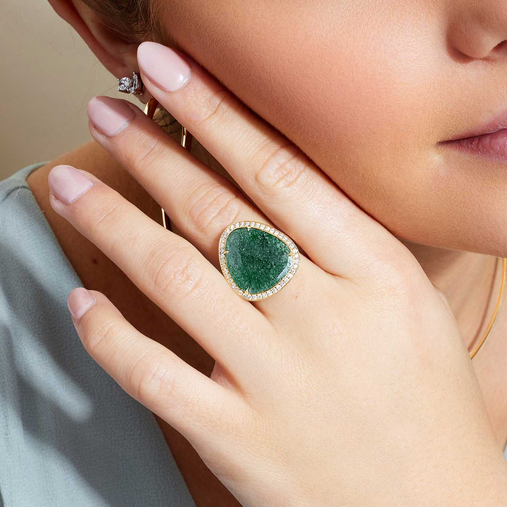 The Ecksand Rose-Cut Aventurine Cocktail Ring with Diamond Halo shown with  in 