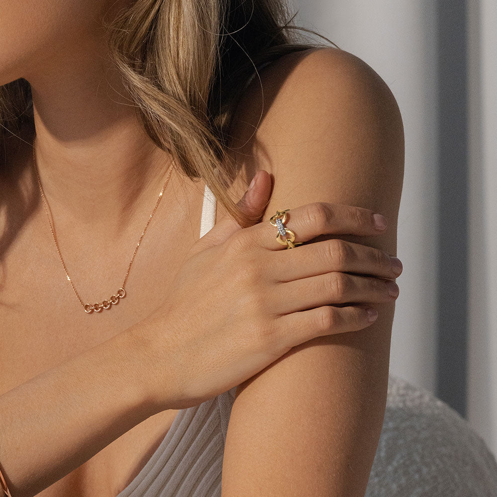 The Ecksand Duel Gold Chain Ring with Diamond Pavé shown with  in 